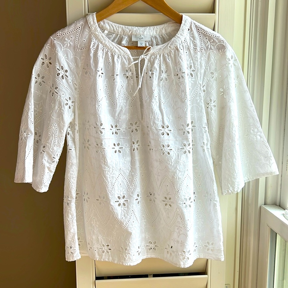 J. Jill Lace Eyelet 100% Cotton Top 3/4 Sleeves XSP, White